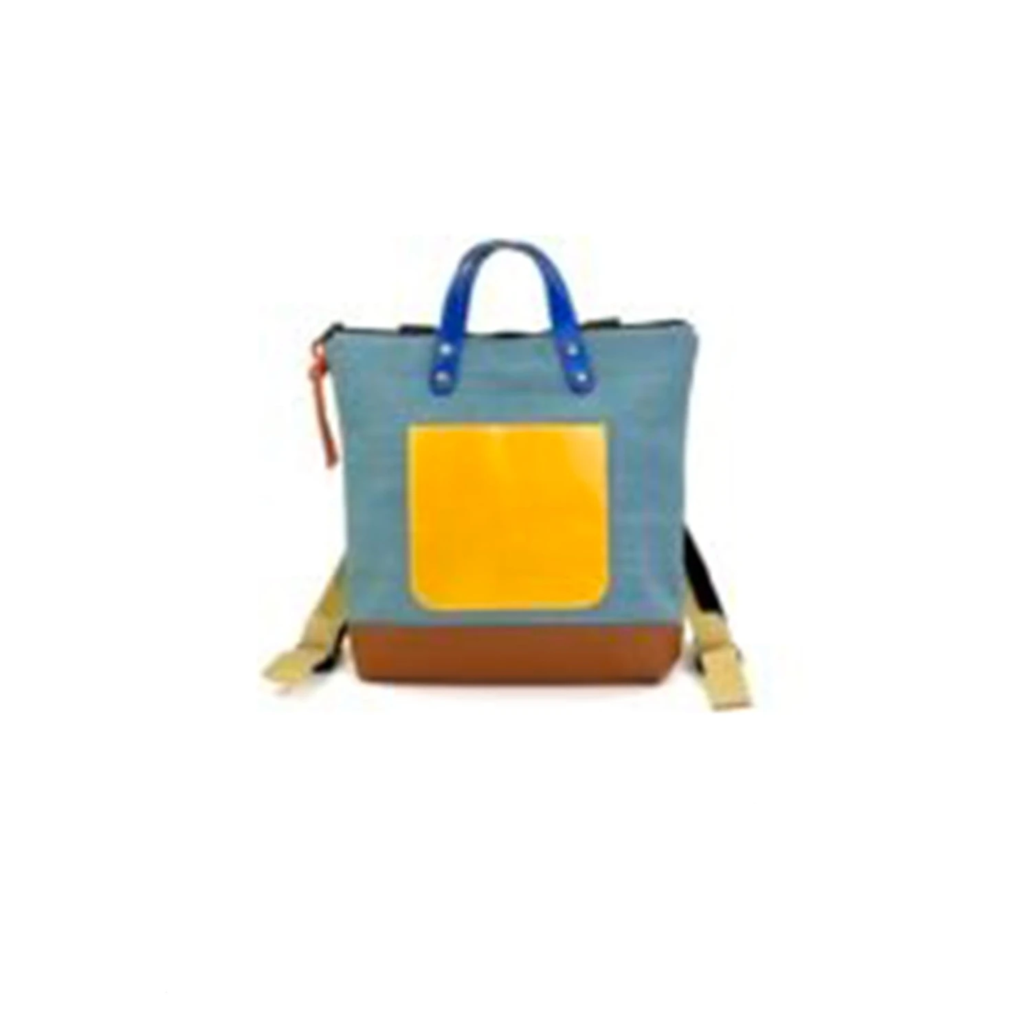 Mochila Daniel Chong Mini Cuadrada Impermeable azul y bolsillo amarillo