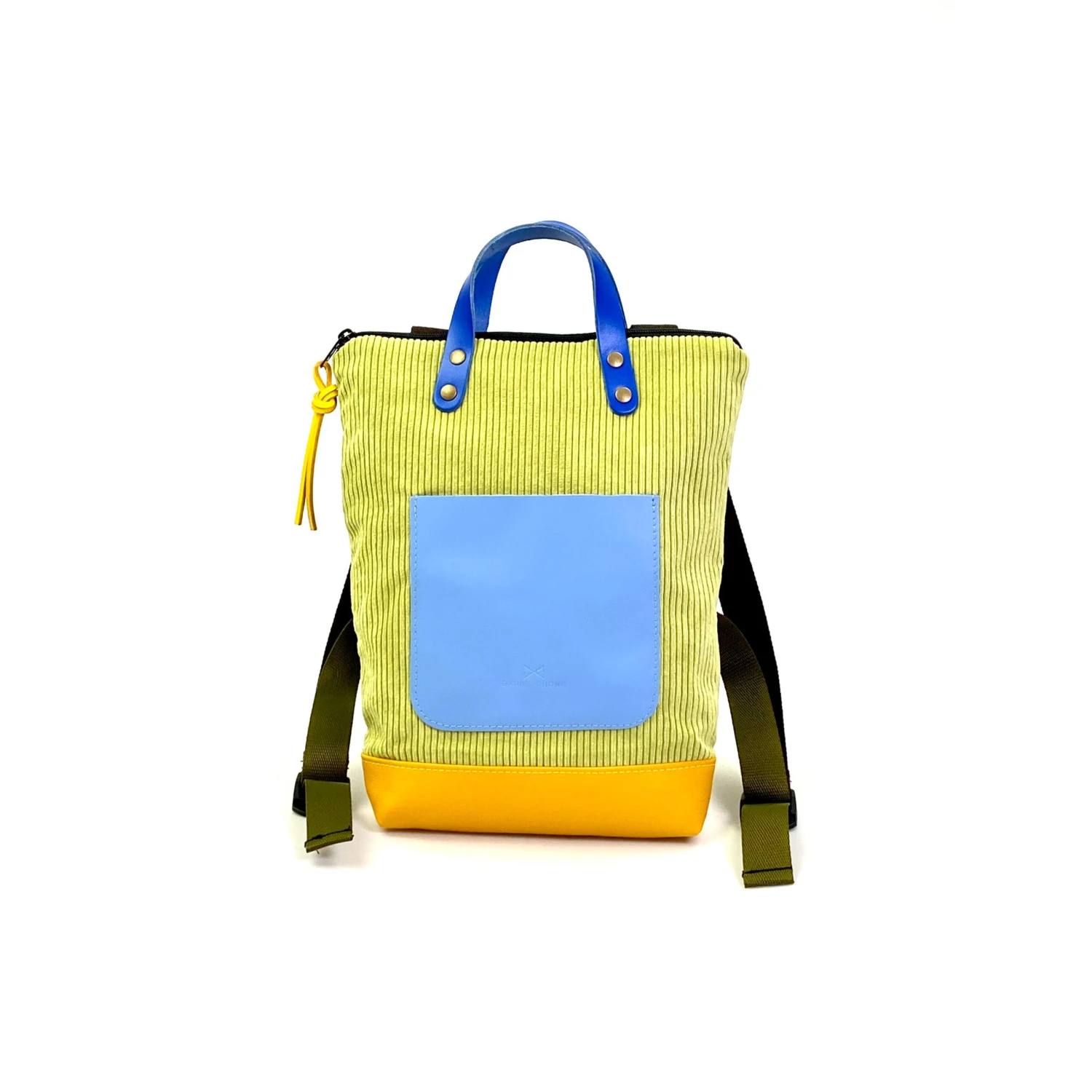 Mochila Daniel Chong Mini pana amarilla y bolsillo azul